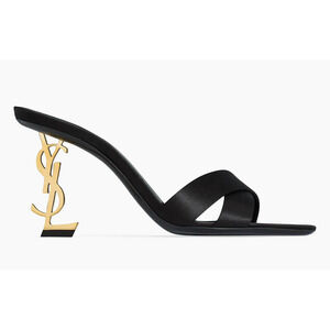 Saint Laurent Opyum 85 Sandal Black Satin Gold YSL Heel Backless Mule Pump 37.5